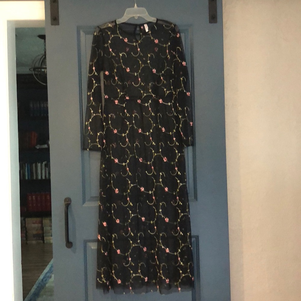 Black Sheer Embroidered Long Sleeve Maxi Dress
